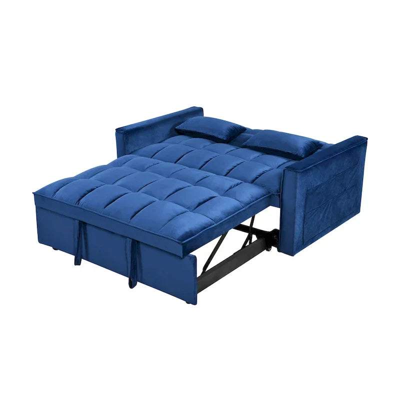 Divanetto futon moderno in velluto con schienale reclinabile e tasche, 2 posti – Grigio scuro / Grigio chiaro / Blu / Nero