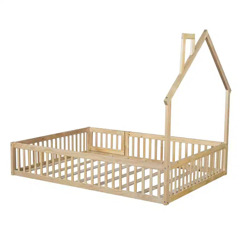 Letto a piattaforma a casetta a grandezza naturale con spondina, in legno massello di pino, per cameretta bambini