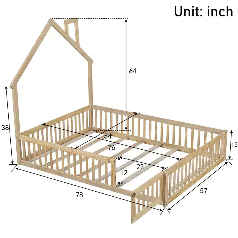 Letto a piattaforma a casetta a grandezza naturale con spondina, in legno massello di pino, per cameretta bambini