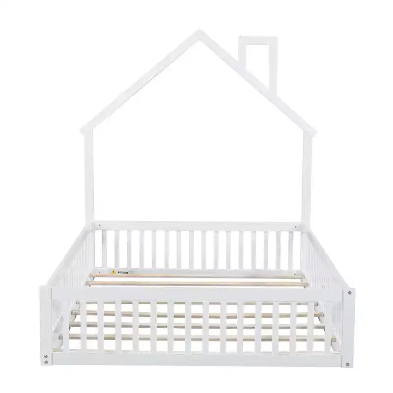 Letto a piattaforma a casetta a grandezza naturale con spondina, in legno massello di pino, per cameretta bambini