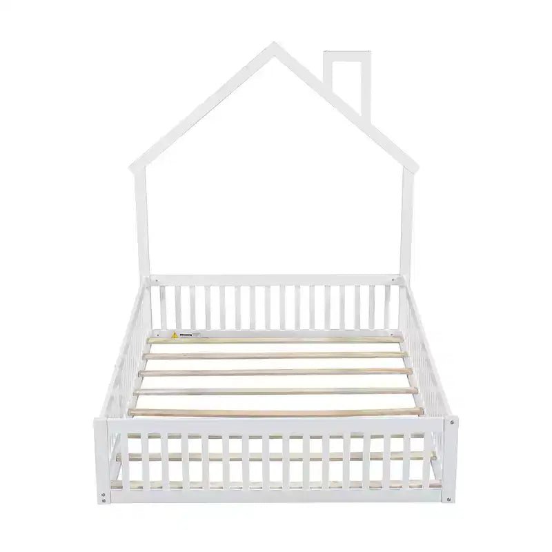 Letto a piattaforma a casetta a grandezza naturale con spondina, in legno massello di pino, per cameretta bambini