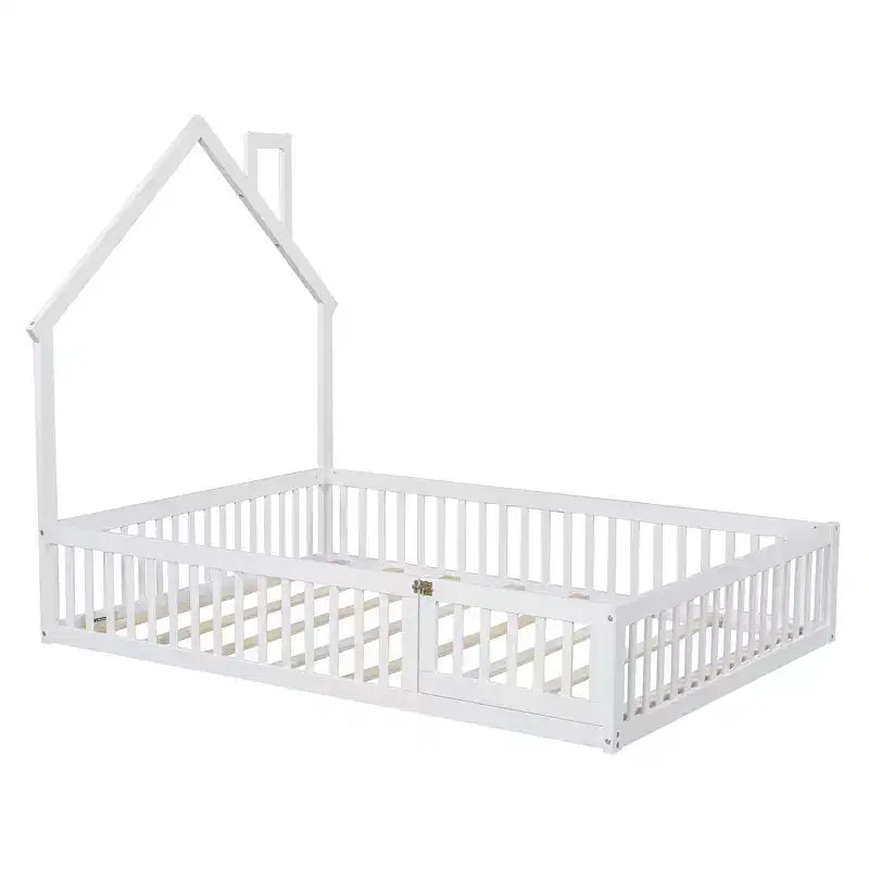 Letto a piattaforma a casetta a grandezza naturale con spondina, in legno massello di pino, per cameretta bambini