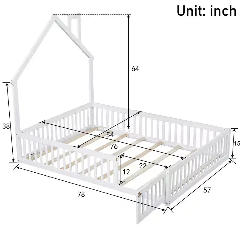 Letto a piattaforma a casetta a grandezza naturale con spondina, in legno massello di pino, per cameretta bambini