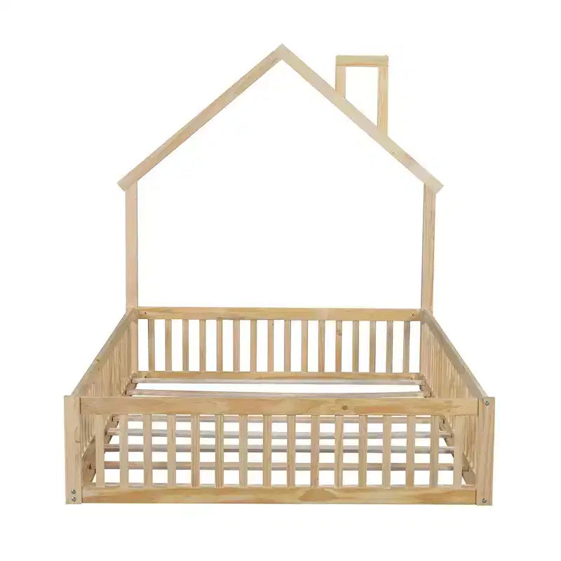 Letto a piattaforma a casetta a grandezza naturale con spondina, in legno massello di pino, per cameretta bambini