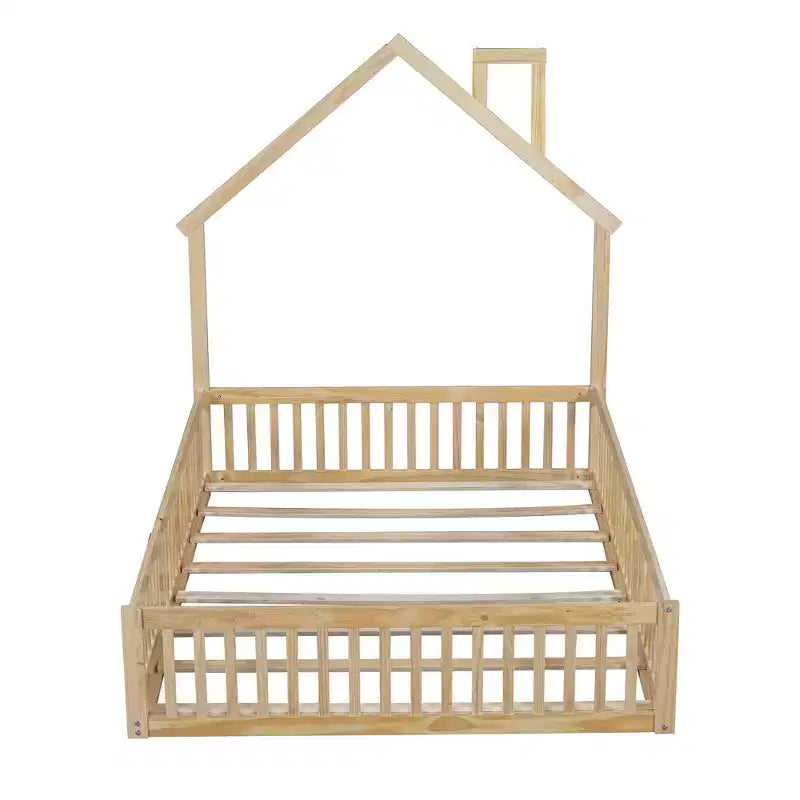 Letto a piattaforma a casetta a grandezza naturale con spondina, in legno massello di pino, per cameretta bambini