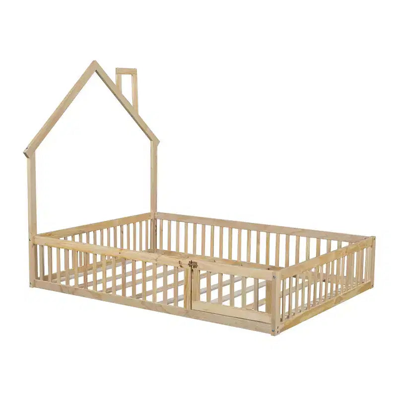 Letto a piattaforma a casetta a grandezza naturale con spondina, in legno massello di pino, per cameretta bambini
