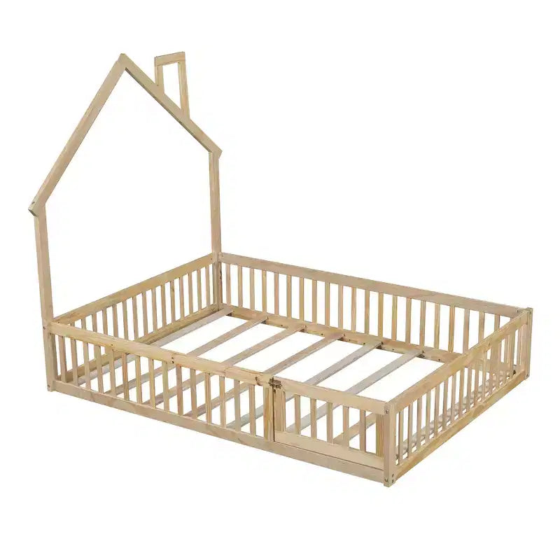 Letto a piattaforma a casetta a grandezza naturale con spondina, in legno massello di pino, per cameretta bambini