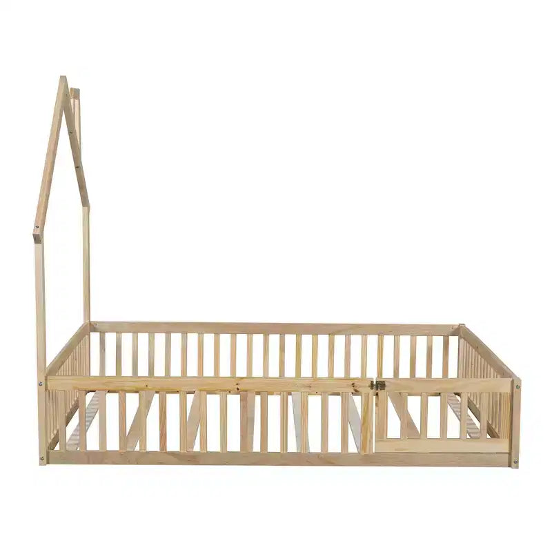 Letto a piattaforma a casetta a grandezza naturale con spondina, in legno massello di pino, per cameretta bambini