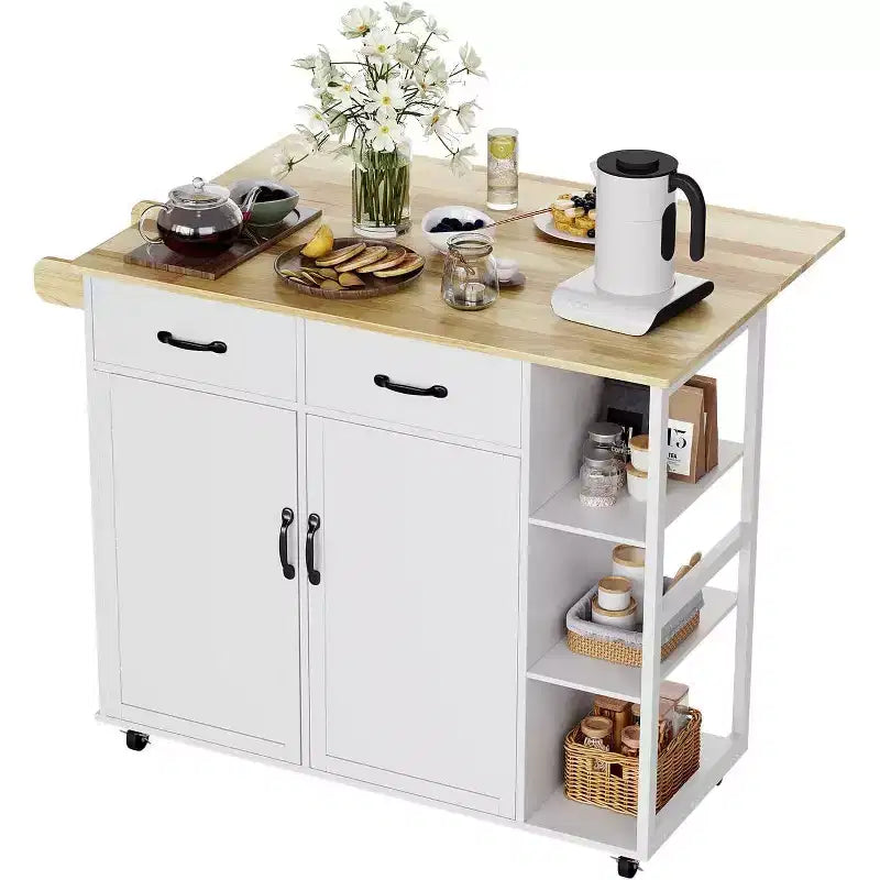 Tavolo da cucina con isola da 43" con piano in legno, armadietti a 2 ante, 2 cassetti e portariviste