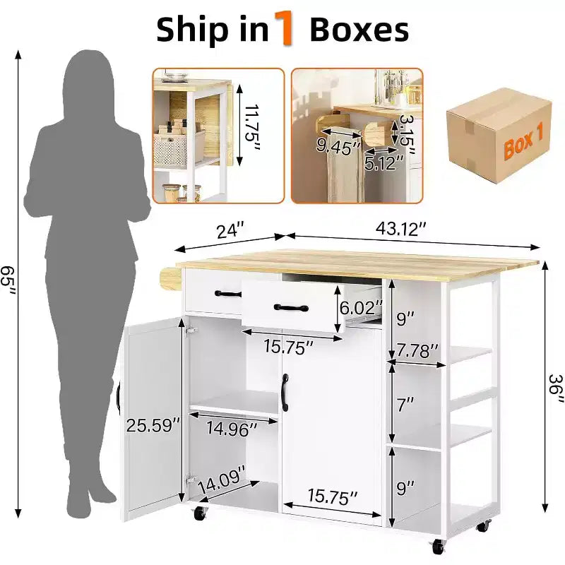 Tavolo da cucina con isola da 43" con piano in legno, armadietti a 2 ante, 2 cassetti e portariviste
