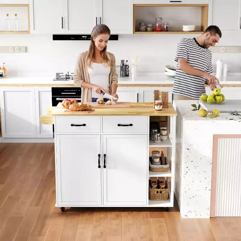 Tavolo da cucina con isola da 43" con piano in legno, armadietti a 2 ante, 2 cassetti e portariviste