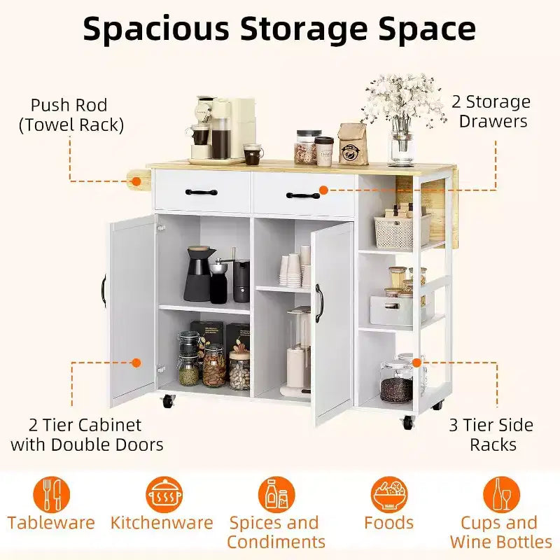 Tavolo da cucina con isola da 43" con piano in legno, armadietti a 2 ante, 2 cassetti e portariviste