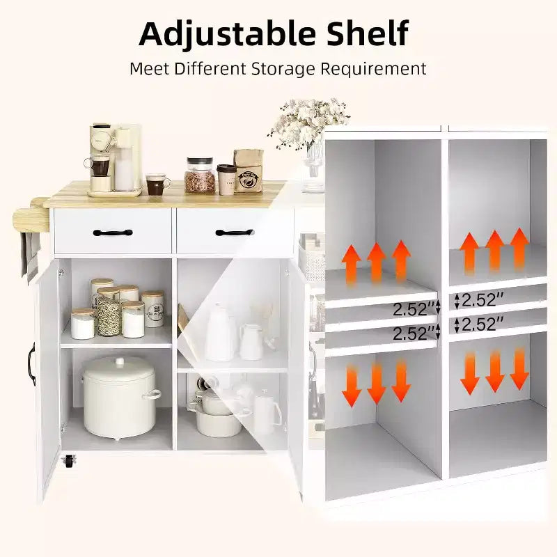 Tavolo da cucina con isola da 43" con piano in legno, armadietti a 2 ante, 2 cassetti e portariviste