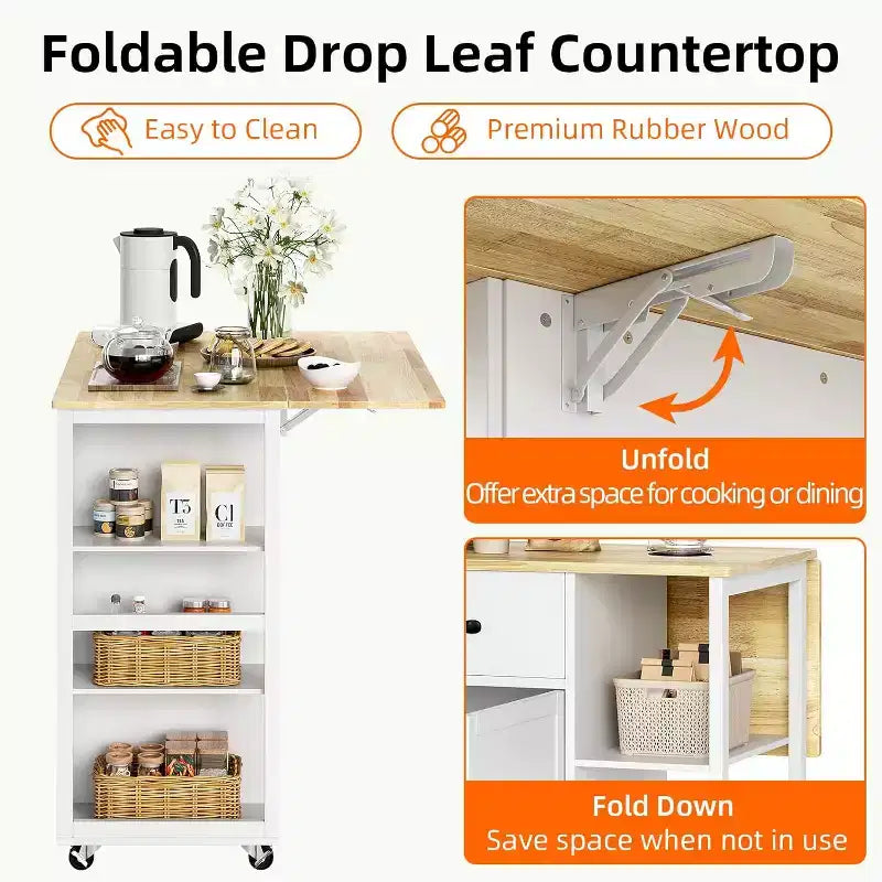Tavolo da cucina con isola da 43" con piano in legno, armadietti a 2 ante, 2 cassetti e portariviste