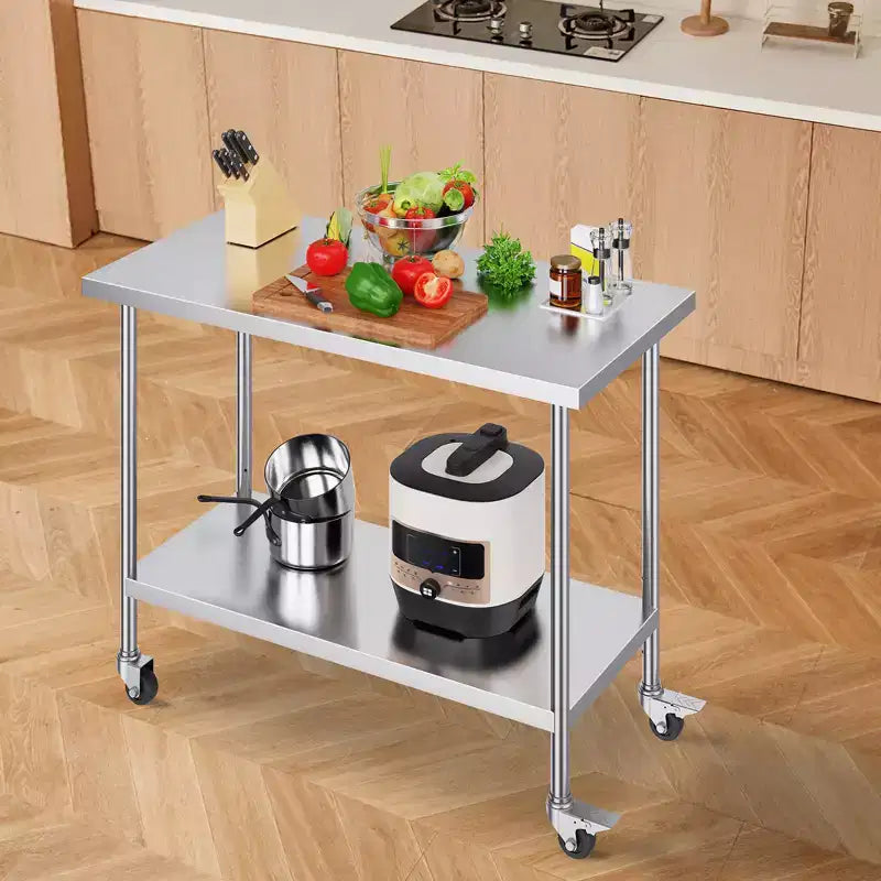 Tavolo da Lavoro in Acciaio Inox 24"x48"x38", 4 Ruote, 3 Altezze Regolabili, Argento