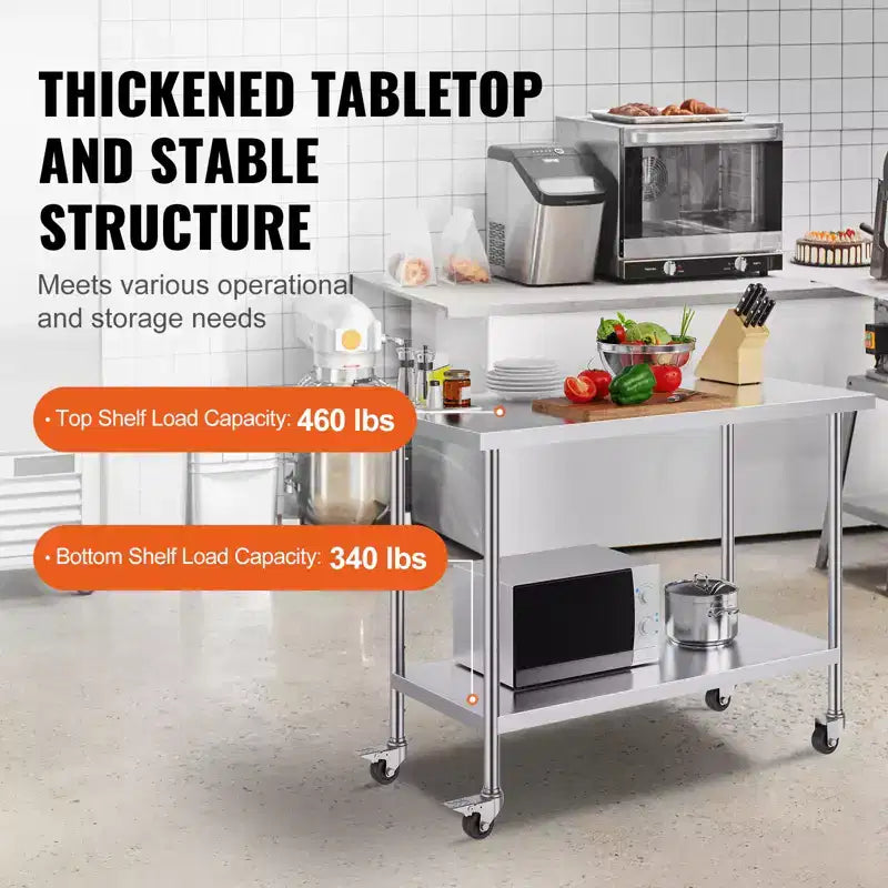Tavolo da Lavoro in Acciaio Inox 24"x48"x38", 4 Ruote, 3 Altezze Regolabili, Argento