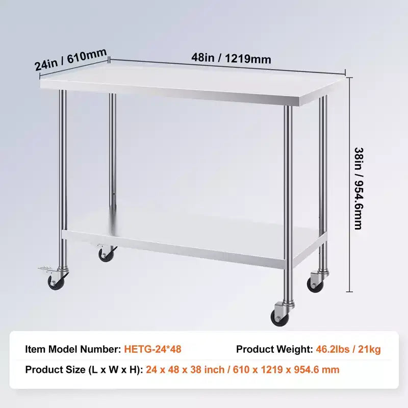 Tavolo da Lavoro in Acciaio Inox 24"x48"x38", 4 Ruote, 3 Altezze Regolabili, Argento