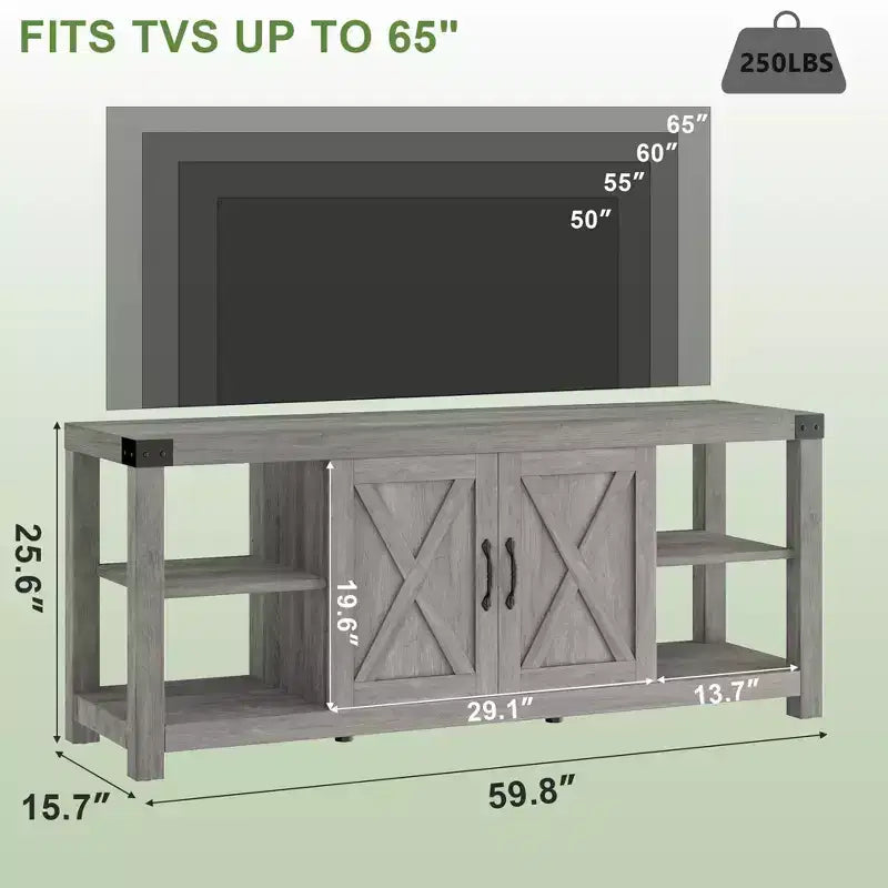 Mobile porta TV in stile rustico da 60" per TV fino a 65", mobiletto contenitore con ante e ripiani, grigio