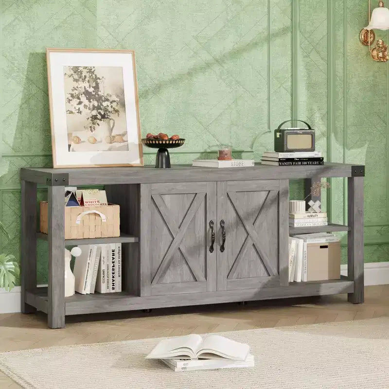 Mobile porta TV in stile rustico da 60" per TV fino a 65", mobiletto contenitore con ante e ripiani, grigio