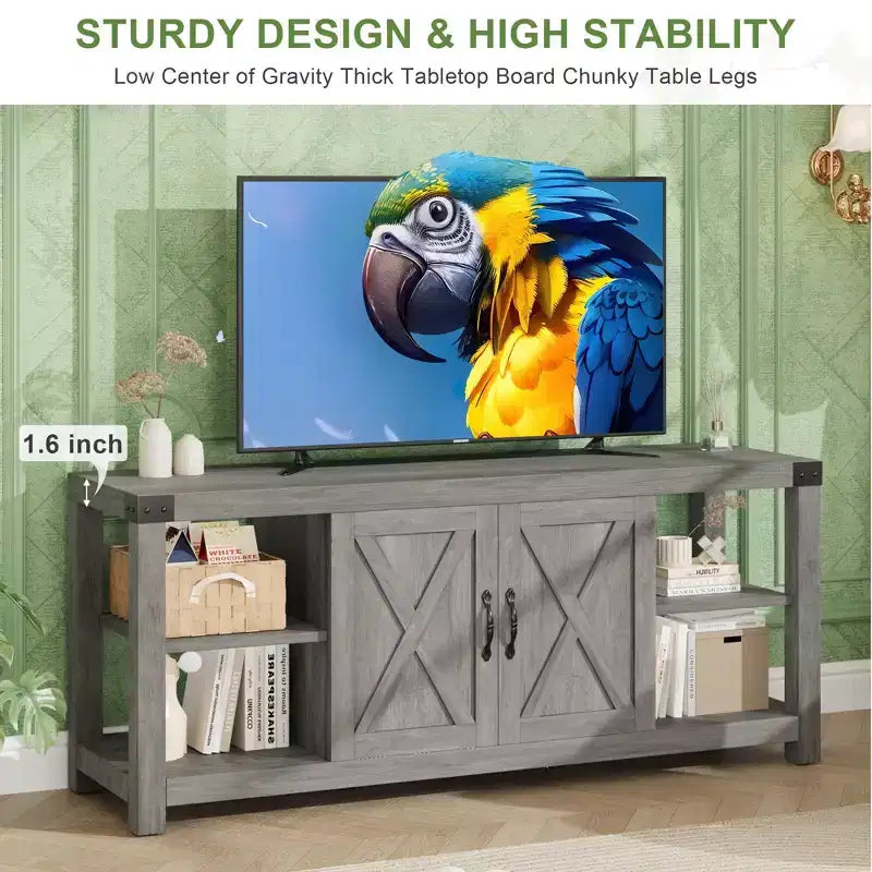 Mobile porta TV in stile rustico da 60" per TV fino a 65", mobiletto contenitore con ante e ripiani, grigio