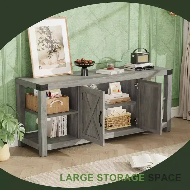 Mobile porta TV in stile rustico da 60" per TV fino a 65", mobiletto contenitore con ante e ripiani, grigio