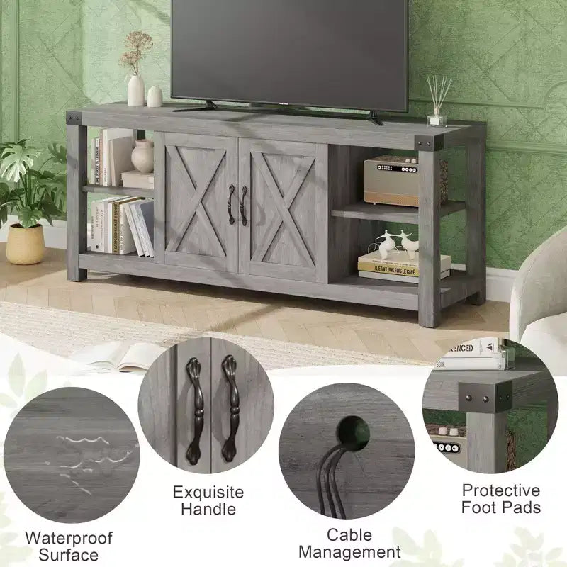 Mobile porta TV in stile rustico da 60" per TV fino a 65", mobiletto contenitore con ante e ripiani, grigio