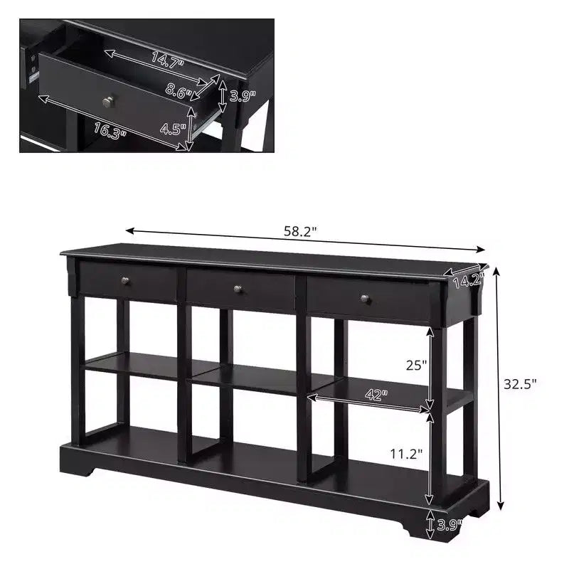 Consolle d'ingresso nera, 3 cassetti e 6 vani, base curva, 147 cm larghezza