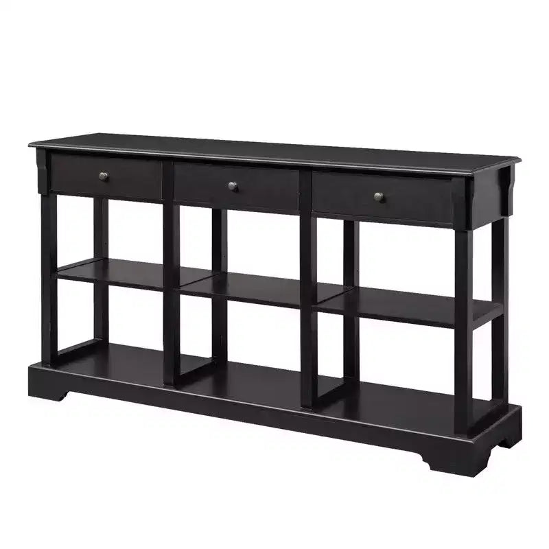 Consolle d'ingresso nera, 3 cassetti e 6 vani, base curva, 147 cm larghezza