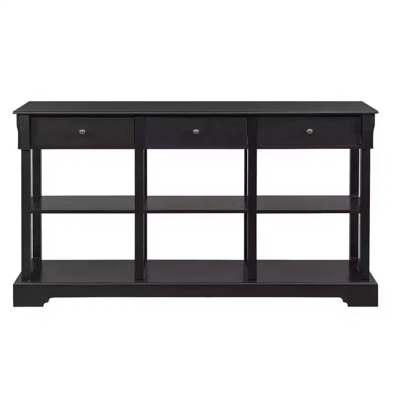 Consolle d'ingresso nera, 3 cassetti e 6 vani, base curva, 147 cm larghezza