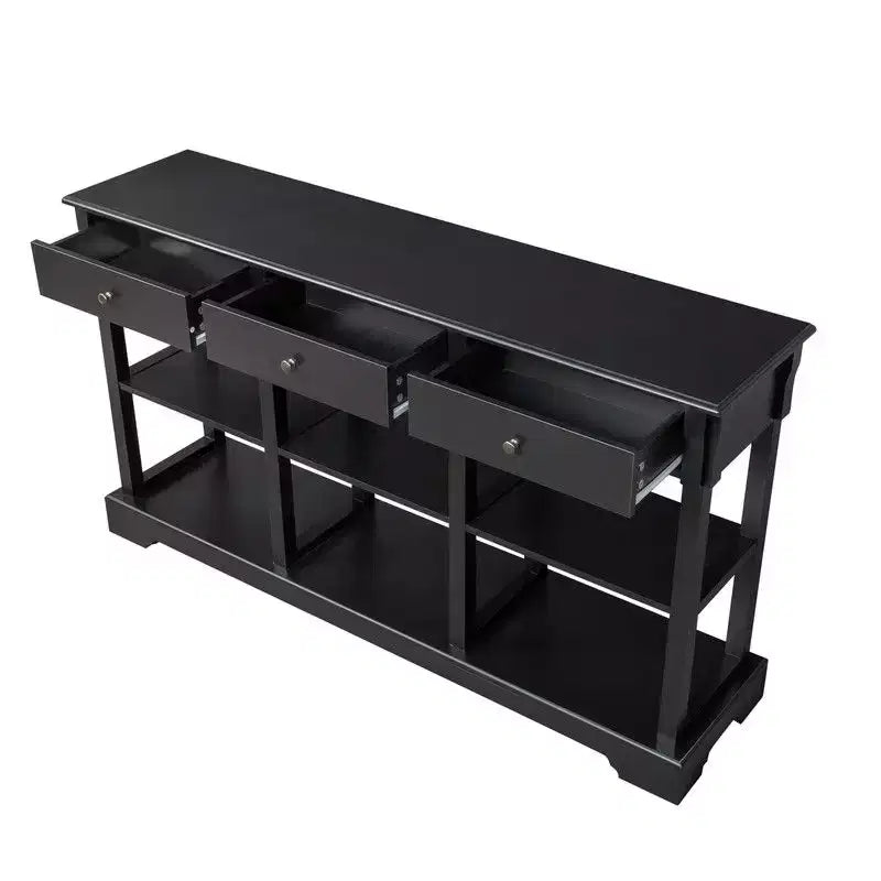 Consolle d'ingresso nera, 3 cassetti e 6 vani, base curva, 147 cm larghezza
