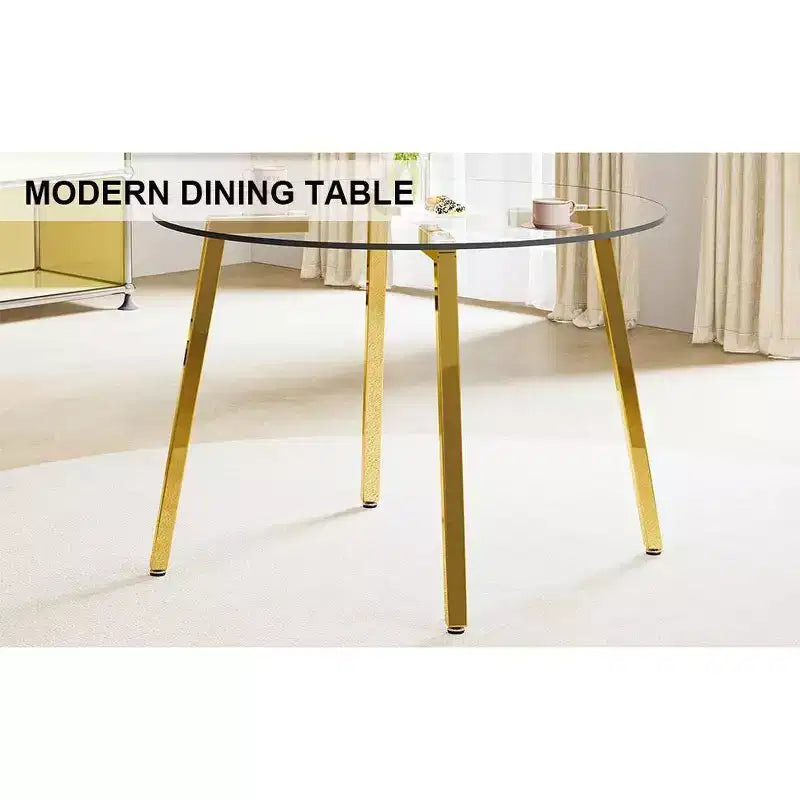 Tavolo da pranzo rotondo moderno, piano in vetro temperato, gambe in metallo dorato, 4 posti, 36"