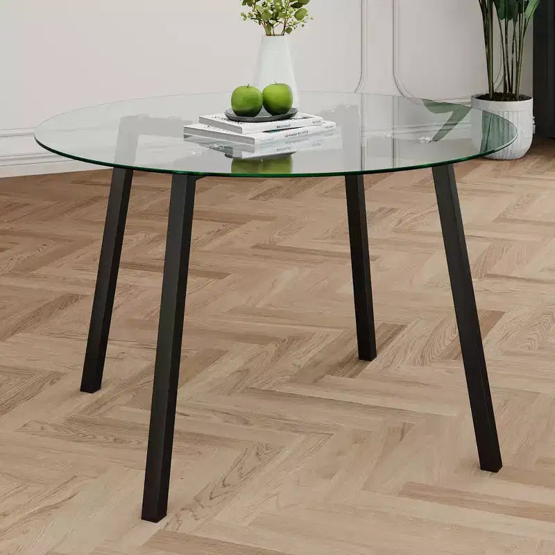 Tavolo da pranzo rotondo moderno, piano in vetro temperato, gambe in metallo dorato, 4 posti, 36"