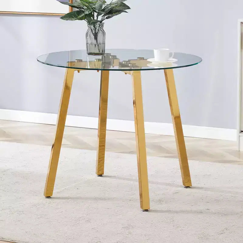 Tavolo da pranzo rotondo moderno, piano in vetro temperato, gambe in metallo dorato, 4 posti, 36"