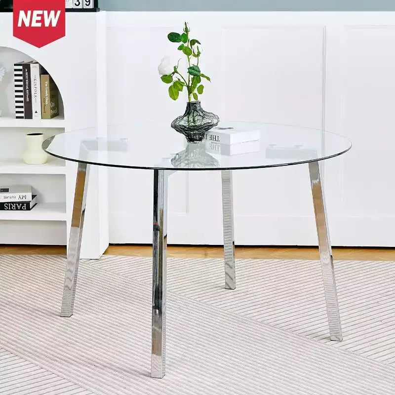 Tavolo da pranzo rotondo moderno, piano in vetro temperato, gambe in metallo dorato, 4 posti, 36"