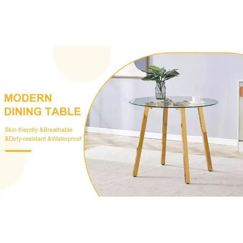 Tavolo da pranzo rotondo moderno, piano in vetro temperato, gambe in metallo dorato, 4 posti, 36"