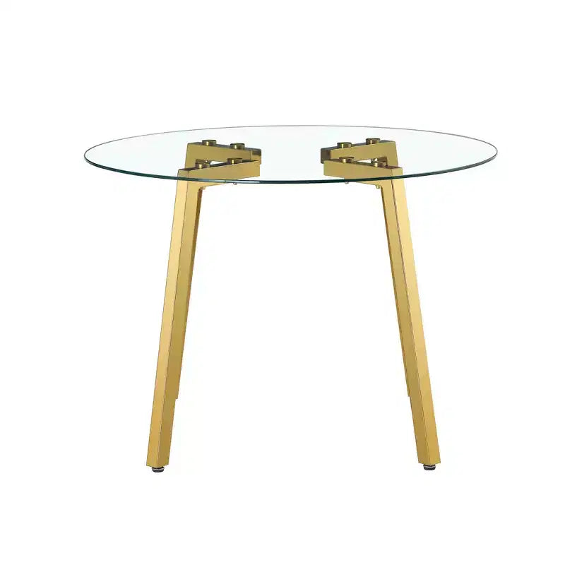 Tavolo da pranzo rotondo moderno, piano in vetro temperato, gambe in metallo dorato, 4 posti, 36"