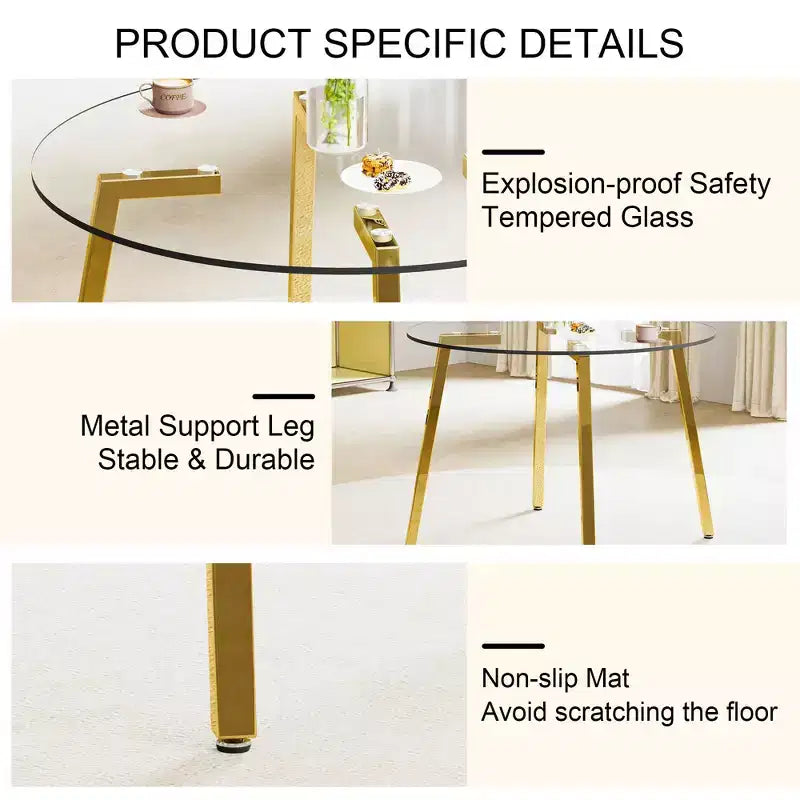 Tavolo da pranzo rotondo moderno, piano in vetro temperato, gambe in metallo dorato, 4 posti, 36"