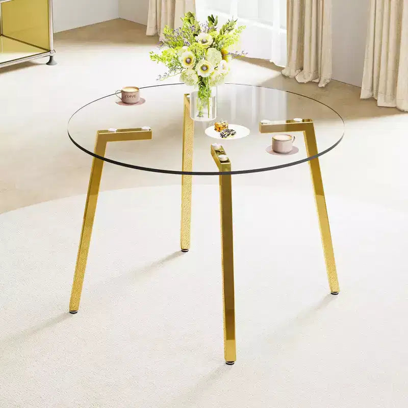 Tavolo da pranzo rotondo moderno, piano in vetro temperato, gambe in metallo dorato, 4 posti, 36"