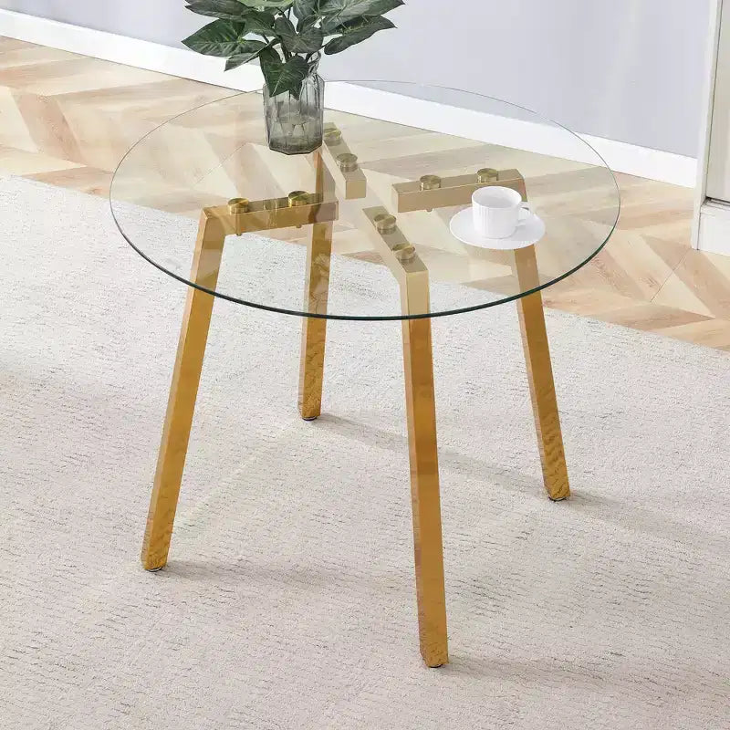 Okak Modern Luxurious Round Dining Table with Glass Top Metal Legs for Dining Room