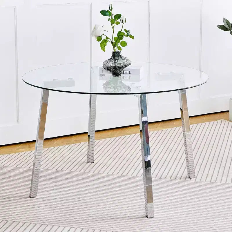 Tavolo da pranzo rotondo moderno, piano in vetro temperato, gambe in metallo dorato, 4 posti, 36"