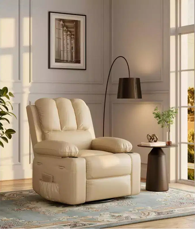 Poltrona reclinabile manuale in pelle oversize da 27" con portabicchieri e tasche laterali, 180 kg