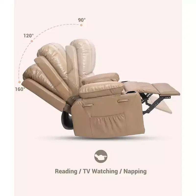 Poltrona reclinabile manuale in pelle oversize da 27" con portabicchieri e tasche laterali, 180 kg
