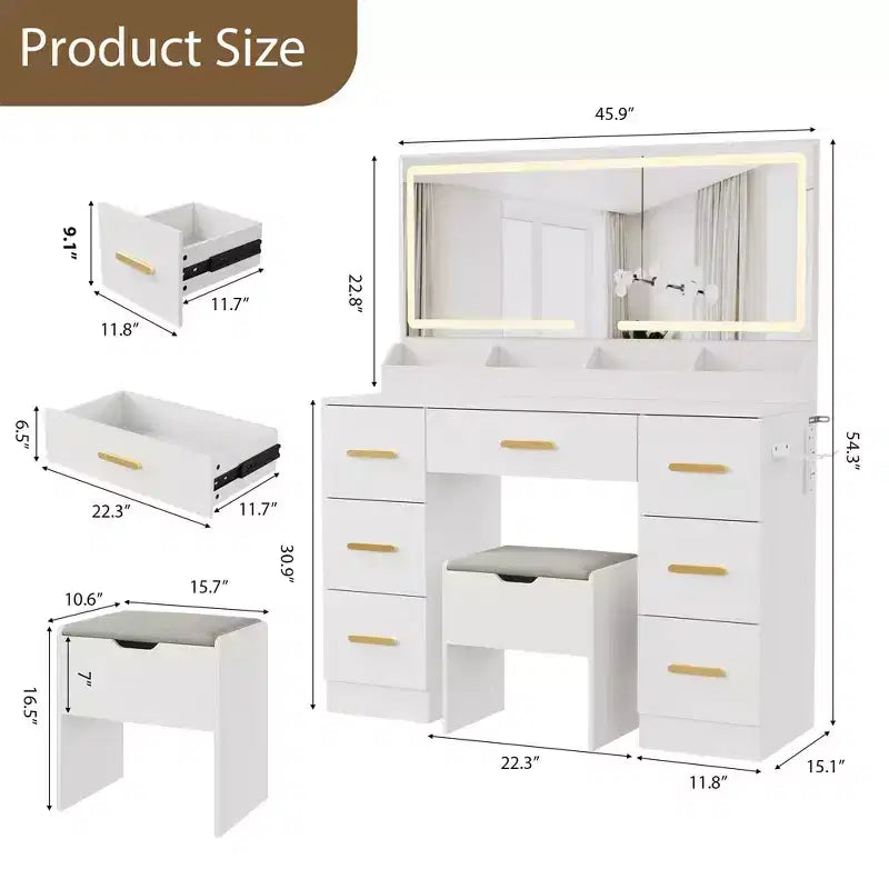 Toeletta da 46" con specchio illuminato, presa di corrente, 3 modalità di illuminazione e sgabello imbottito