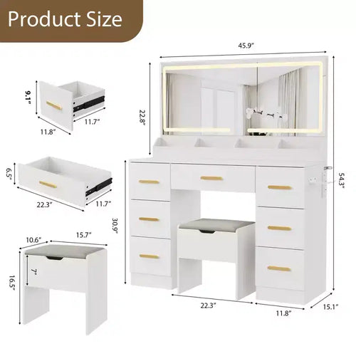 Toeletta da 46" con specchio illuminato, presa di corrente, 3 modalità di illuminazione e sgabello imbottito