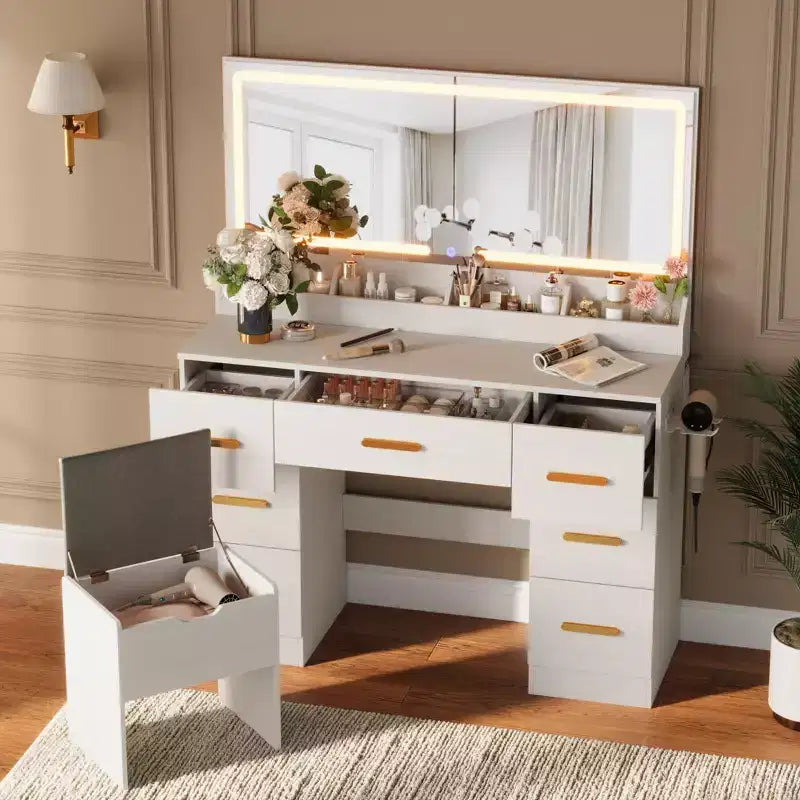 Toeletta da 46" con specchio illuminato, presa di corrente, 3 modalità di illuminazione e sgabello imbottito
