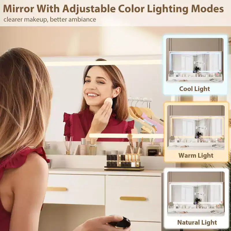 Toeletta da 46" con specchio illuminato, presa di corrente, 3 modalità di illuminazione e sgabello imbottito