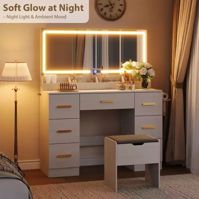 Toeletta da 46" con specchio illuminato, presa di corrente, 3 modalità di illuminazione e sgabello imbottito