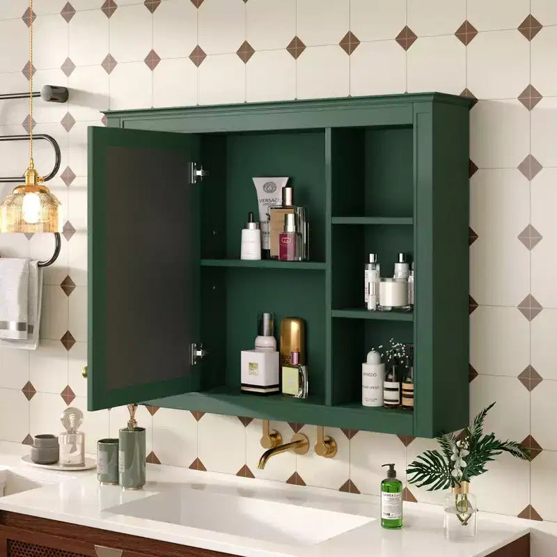 Mobiletto da bagno a muro con specchio e 6 ripiani aperti, in MDF, salvaspazio