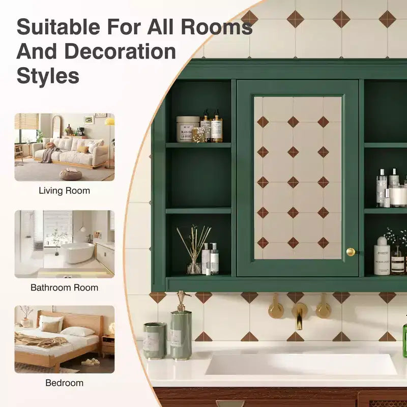 Mobiletto da bagno a muro con specchio e 6 ripiani aperti, in MDF, salvaspazio