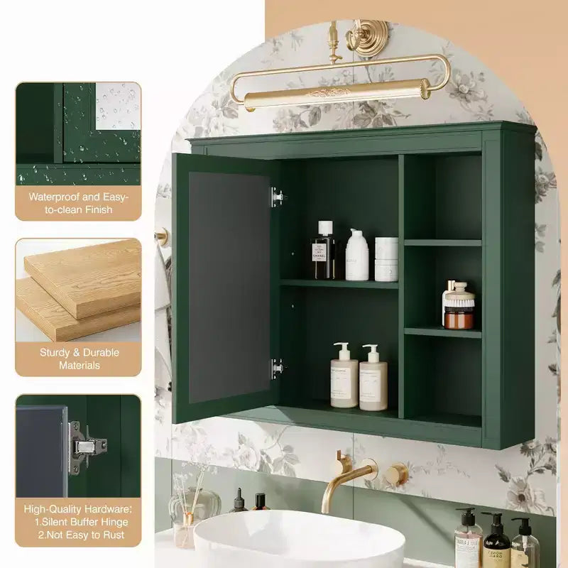 Mobiletto da bagno a muro con specchio e 6 ripiani aperti, in MDF, salvaspazio